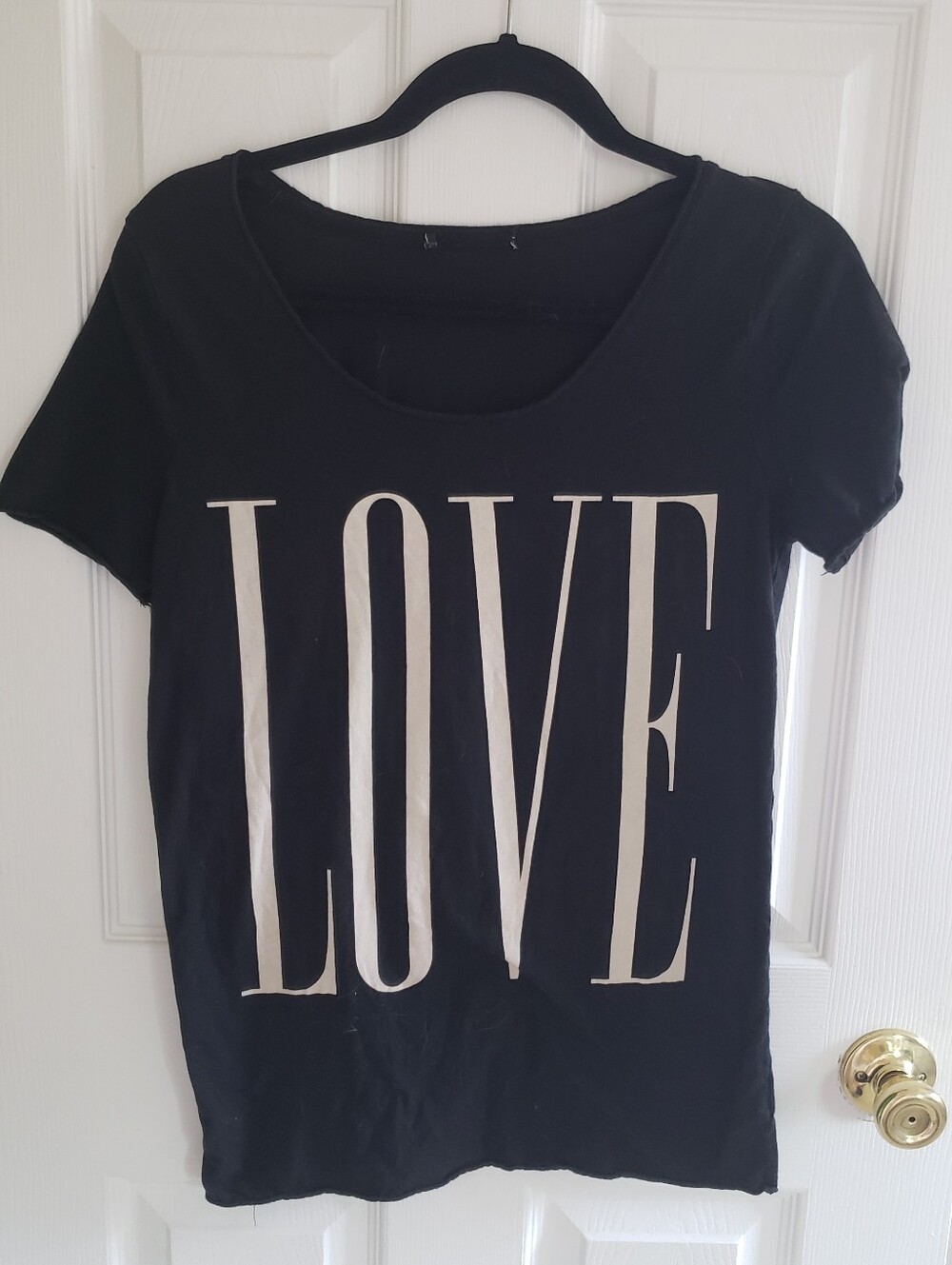 Graphic LOVE T-shirt, Black W/Beige Letters, Raw Hem @ sleeves, Etc., 19" Across